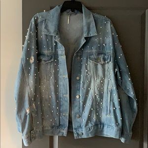 Free People Denim Trucker Jacket with Pearls